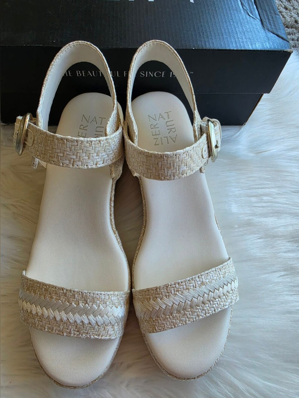 Naturalizer Womens Stella Open Toe Wedge Sandal Eggshell Beige Raffia, 9W